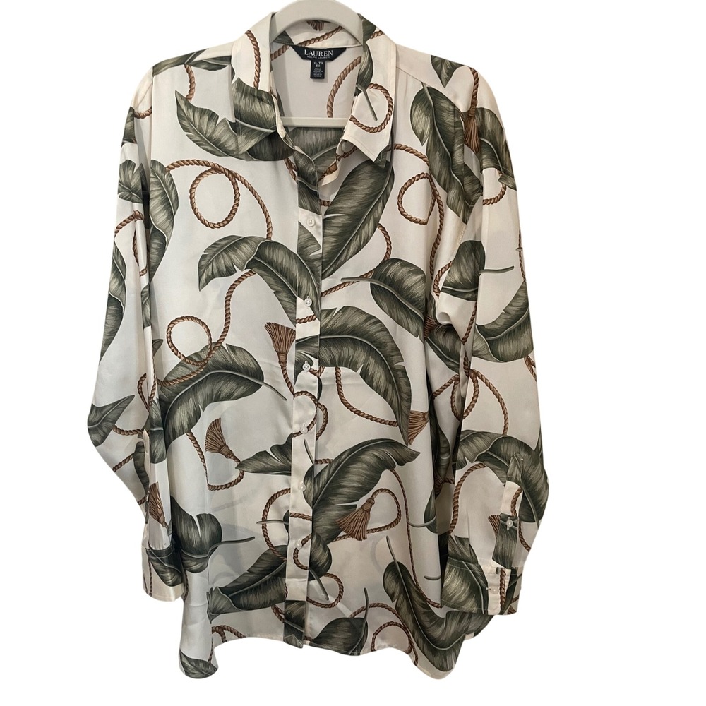 Lauren Ralph Lauren Tropical Leaf Rope Print Twill Shirt Blouse Size XL Luxury